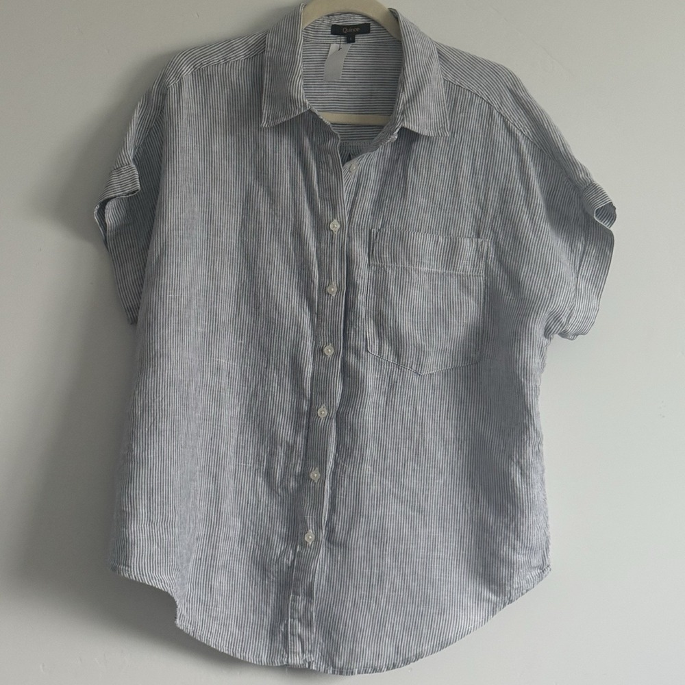 Quince Women L 100% European Linen Camp Shirt Blue Pinstripe Natural Scandi - Picture 2 of 7